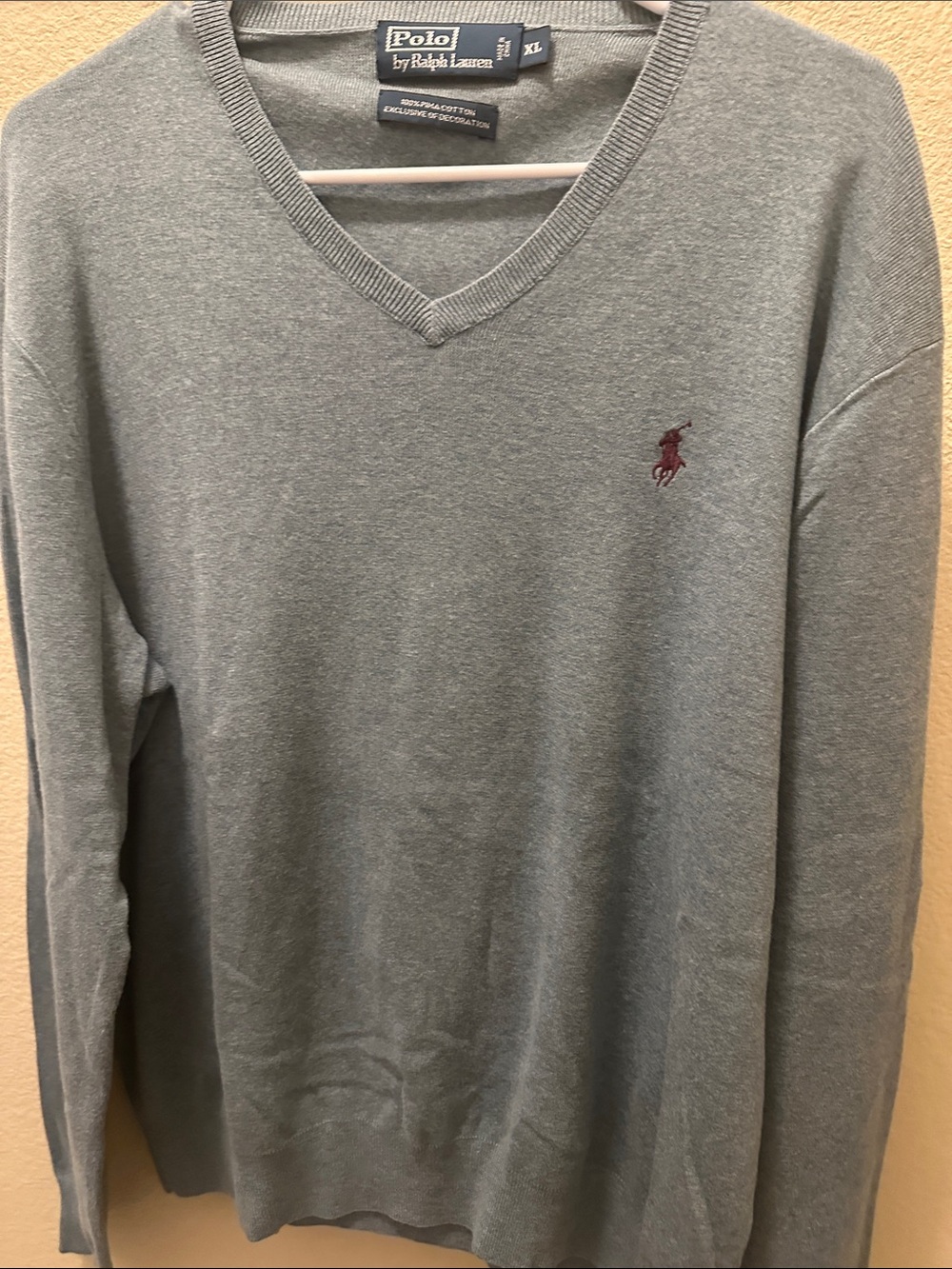 Polo by Ralph Lauren Men's V-Neck Sweater - Light Gray with Maroon Pony